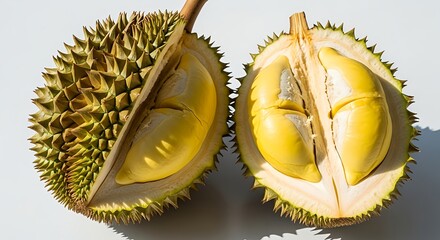 Close up of durian fruit halves showcasing the creamy texture and spiky outer shell