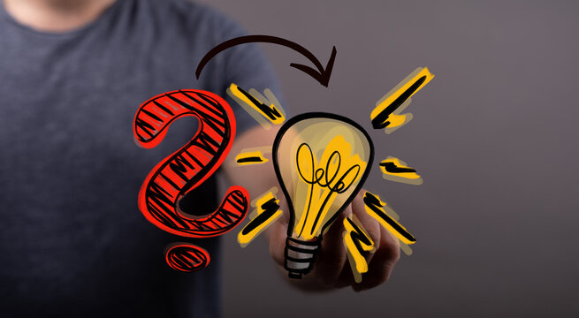 Conceptual image illustrating the process of finding solutions and developing new ideas from challenging questions and complex problems with cla