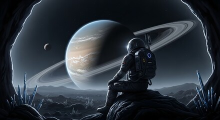 Astronaut exploring new planet with saturn like rings space exploration concept art