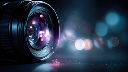 Video camera lens extreme close-up, photo, cinematography and media concept