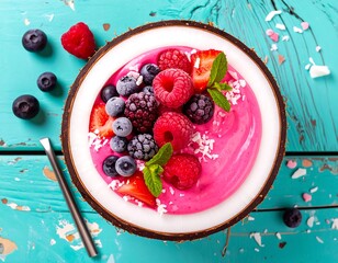 Pink smoothie bowl with berries in coconut shell on rustic blue wood