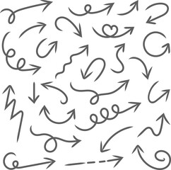 Hand Drawn Arrow Doodle Set, Sketch Style Direction Icons Collection, Curved, Spiral, and Wavy Arrows, Thin Marker Line Symbols for Navigation, Highlighting and Creative Design Elements