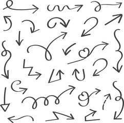 Hand Drawn Arrow Doodle Set, Sketch Style Direction Icons Collection, Curved, Spiral, and Wavy Arrows, Thin Marker Line Symbols for Navigation, Highlighting and Creative Design Elements