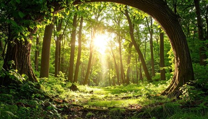 Naklejka premium Sunlight streams through a lush forest canopy, highlighting the vibrant greenery and creating a tranquil atmosphere.
