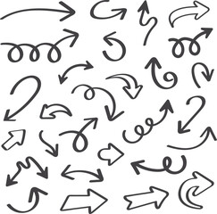 Hand Drawn Arrow Doodle Set, Sketch Style Direction Icons Collection, Curved, Spiral, and Wavy Arrows, Thin Marker Line Symbols for Navigation, Highlighting and Creative Design Elements
