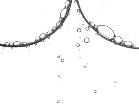 Abstract image of water droplets forming an arched shape, against a black background