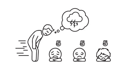 Frustrated person bowing thinking storm clouds facing sad figures showing disappointment and empathy vector