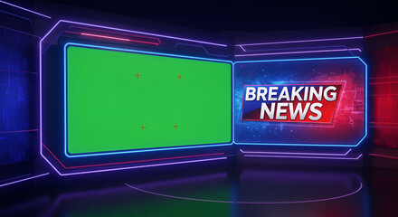 A futuristic news studio set with a green screen for content insertion and a "Breaking News" graphic display.