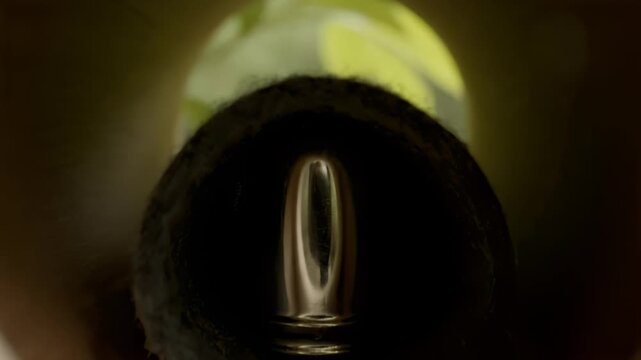 Silver bullet projectile inside dark fibrous tube, mysterious light ahead.
