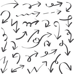 Hand Drawn Arrow Doodle Set, Sketch Style Direction Icons Collection, Curved, Spiral, and Wavy Arrows, Thin Marker Line Symbols for Navigation, Highlighting and Creative Design Elements
