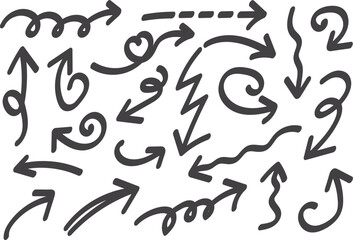Hand Drawn Arrow Set, Sketch Style Direction Icons Collection, Curved, Wavy and Zigzag Arrows, Grunge Marker Arrow Doodle Symbols, Abstract Navigation and Guide Elements for Creative Design