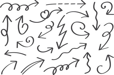 Hand Drawn Arrow Doodle Set, Sketch Style Direction Icons Collection, Curved, Spiral, and Wavy Arrows, Thin Marker Line Symbols for Navigation, Highlighting and Creative Design Elements