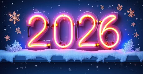 Bright neon digits display year 2026. Snowflakes fall upon white ground. Festive winter scene, vibrant colors present.
