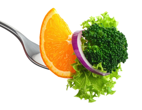Forkful of colorful fresh food orange, red onion, broccoli, and lettuce