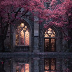 A grand, Gothic-style cathedral with stained glass windows and a stone facade, surrounded by cherry blossom trees in full bloom, with a serene and ethereal atmosphere.