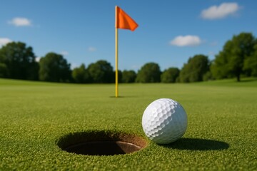 Obraz premium Close-up of golf ball near hole with flag in background, lush green course under clear blue sky.