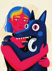 Intense illustration of person hugging a wolf.