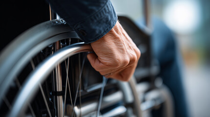 Close up on hand gripping the wheel of a wheelchair - symbol of strength and mobility.