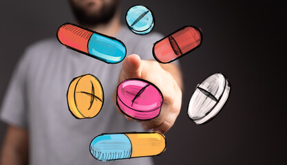 Hand interacting with colorful medication,medicine, healthcare, pharmacy, treatment, pills, capsules, health, doctor, wellness, drug, the