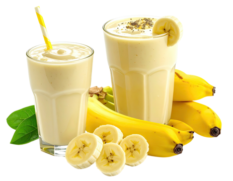 Creamy banana smoothies with a yellow straw, banana slices, and fresh bananas