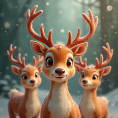 Cute Christmas reindeer smiling in snowy forest