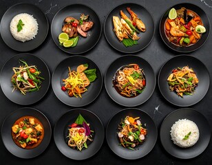 Overhead shot of twelve diverse dishes arranged on black plates, against a dark background