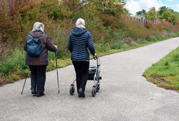 Elderly people taking a walk with help of walker with friends on a cold day through the park 