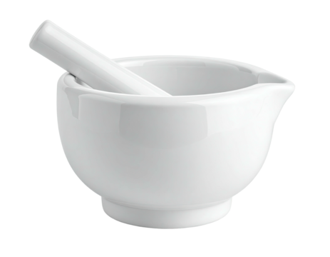 A glossy white mortar and pestle, ready to grind herbs or spices