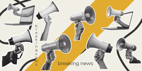 Halftone Megaphone Vector Illustration with Breaking News and Announcement Themes