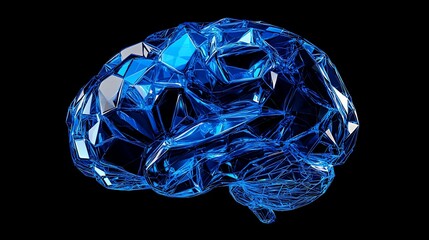 Crystallized, blue brain illustration; complex, multifaceted design on a stark black background