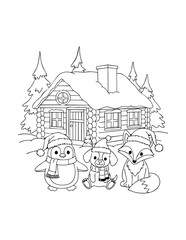 Fototapeta premium Christmas woodland animals wearing christmas hats and a scarf in the snow- penguin, puppy and a fox 