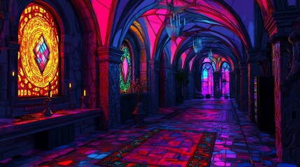 Obraz premium Neon Gothic Hallway, fantasy interior, vibrant colors, game asset