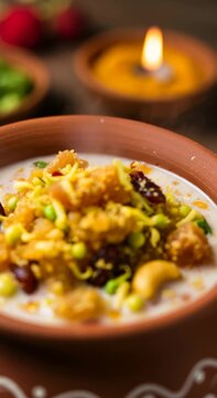 Traditional indian sweet dessert with dried fruits and nuts in earthen pot, celebration concept for Diwali festival, slow motion video