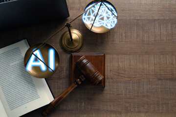 Artificial intelligence and judicial system. Scales of Justice with AI abbreviation and illustration of brain on judge's table, top view