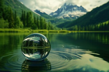 A crystal ball floating on calm water with ripples reflecting green forests and snow capped mountains inside creating a tranquil natural scene