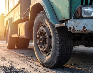Rusty truck tire on a dusty road at sunset
