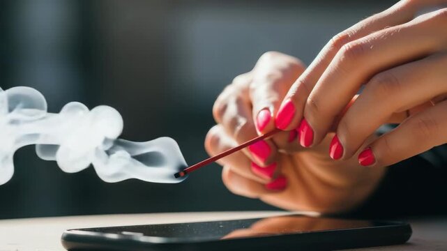 Woman holding burning match with smoke near phone on table with pink nails manicure close up shot
