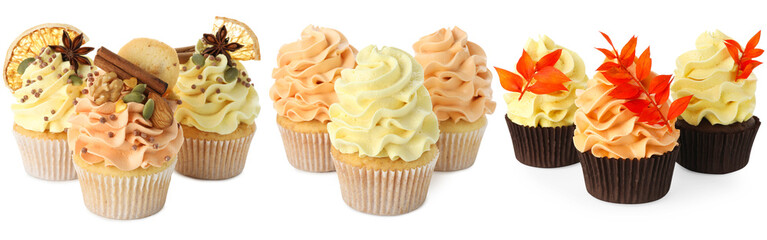Yummy fall cupcakes isolated on white, set