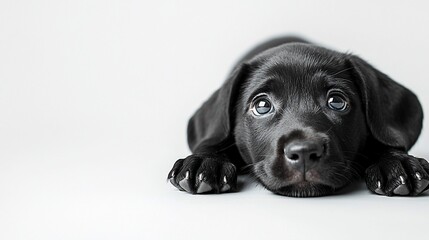 Adorable black puppy with bright eyes, lying down