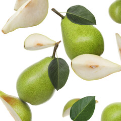 Fresh green pears flying in air on white background