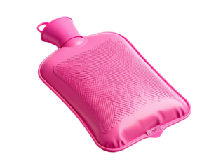 A vibrant, pink, rectangular hot water bottle, textured, on a black background
