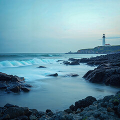Lighthouse on Cliff with Blurred Ocean Waves at Dawn
