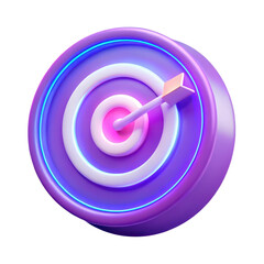 High quality photo of a purple and blue neon target with an arrow hitting the bullseye isolated on transparent background