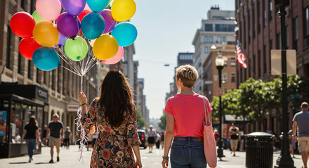 Two happy women walking in the city carrying colorful balloons for International Women's Day