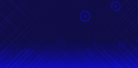 Abstract dark blue background with geometric lines and glowing circles.