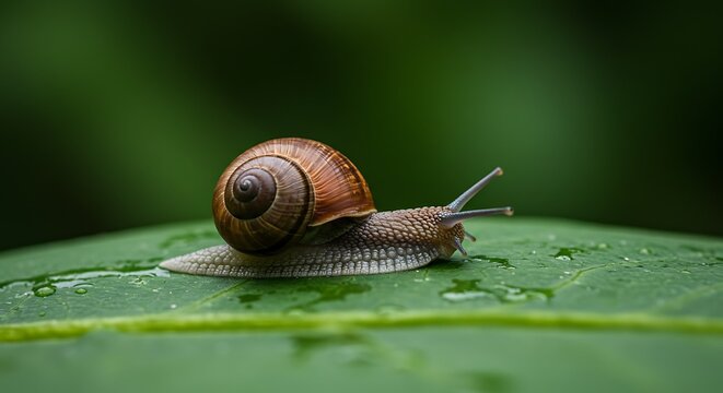 Detailed close up of a snail crawling on a vibrant green leaf background