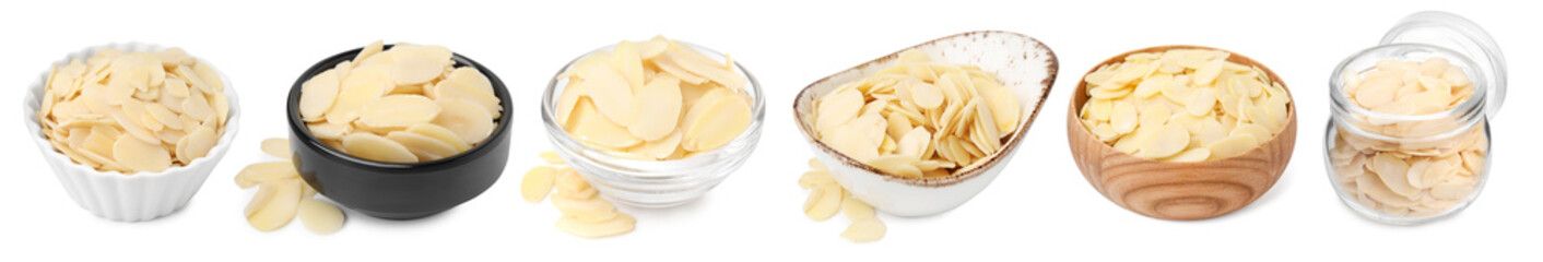 Almond slices in bowls and jar isolated on white, set