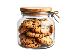 A glass jar filled with freshly baked chocolate chip cookies, wooden lid