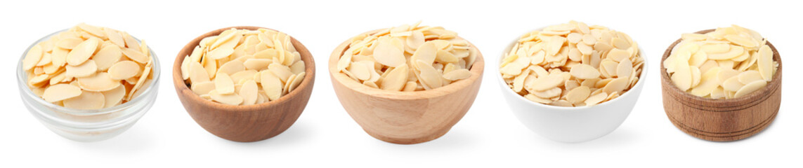 Almond slices in bowls isolated on white, set