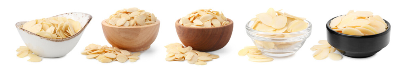 Almond slices in bowls isolated on white, set
